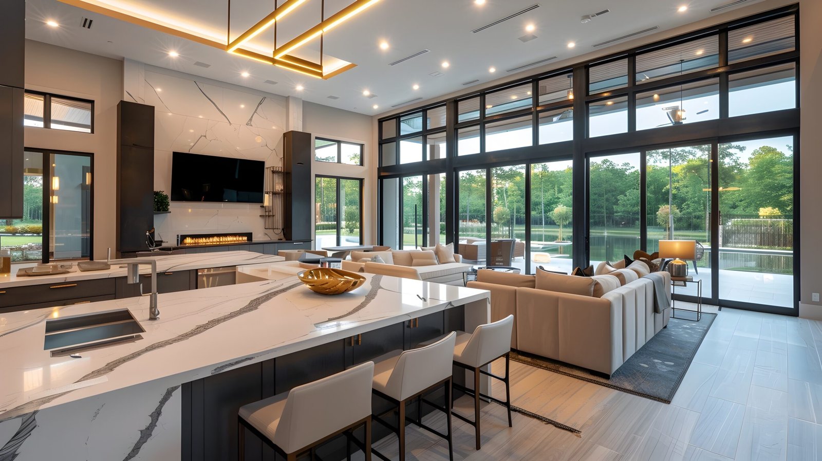 This image showcases a smart home designed with seniors in mind, featuring voice-activated lights, automated doors, and adjustable-height counters. The stylish and modern tech-integrated design