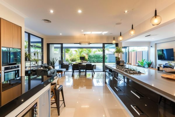 Modern kitchen with black cabinets, stainless steel appliances, and a large island.