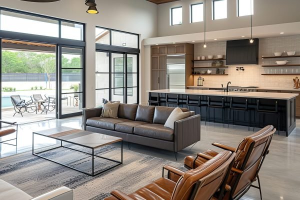 Room of clean lines, open spaces, and industrial accents